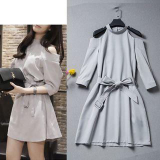 Cold-shoulder Tie-waist 3/4-sleeve Mini A-line Dress