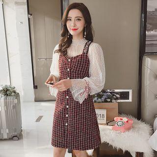 Set: Long Sleeve Mesh Top + Tweed Pinafore Dress