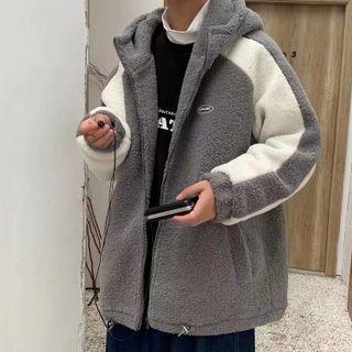 Hooded Zip Long-sleeve Color Block Fleece Jacket