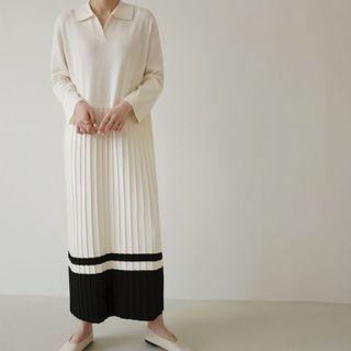 Collared Two-tone Accordion Pleat Knit Maxi Dress