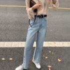 High-waist Button-hem Straight-cut Jeans