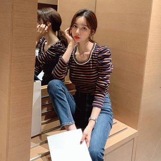 Puff-shoulder Faux-pearl Trim Stripe Top