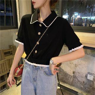 Short-sleeve Contrast Trim Ruffled Top Black - One Size