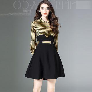 Mock Two-piece Striped A-line Panel Slim Dress