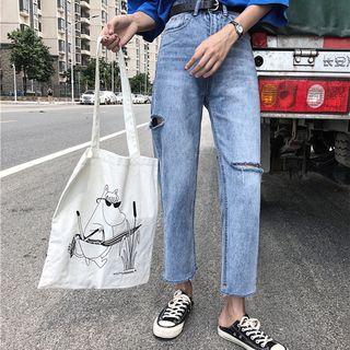 Distressed High-waist Cropped Wide-leg Jeans
