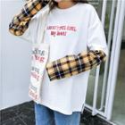 Plaid Long-sleeve Mock Two-piece Lettering T-shirt