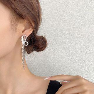 Bow Rhinestone Fringed Earring 1 Pair - Silver Needle - Silver - One Size