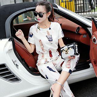 Set: Short-sleeve Print Top + Cropped Sweatpants