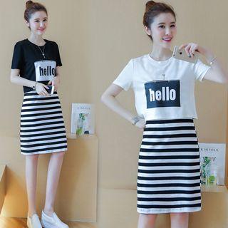 Set: Short-sleeve Lettering T-shirt + Striped Tank Dress