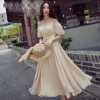 Off-shoulder Buckled Midi Chiffon Dress