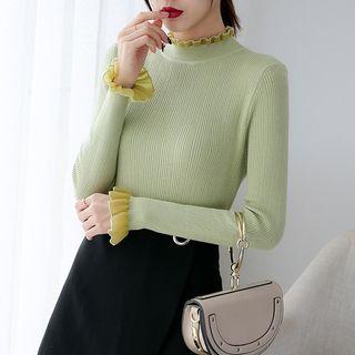 Long-sleeve Frill Trim Mock Neck Knit Top