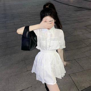 Short-sleeve Shirred Blouse / A-line Skirt