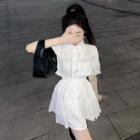 Short-sleeve Shirred Blouse / A-line Skirt