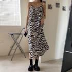 Spaghetti-strap Zebra Printed Side-slit Dress