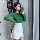 Plain Long-sleeve Slim-fit Top / High-waist Skirt
