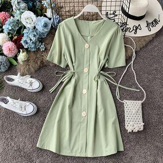 V-neck Tie-waist Short-sleeve Dress