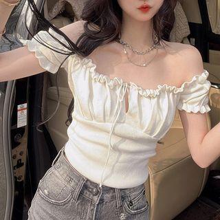 Off Shoulder Frill Trim Knit Top White - One Size