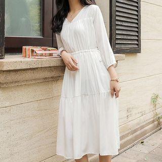 3/4-sleeve Midi A-line Dress White - One Size