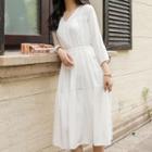 3/4-sleeve Midi A-line Dress White - One Size