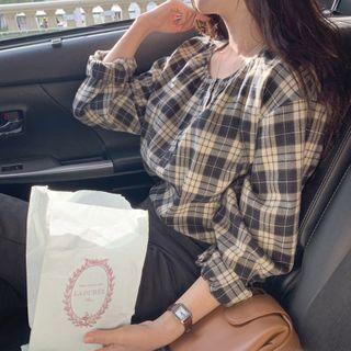 Plaid Blouse Plaid - Black & Beige - One Size