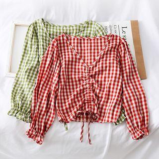Checked Drawstring V-neck Top