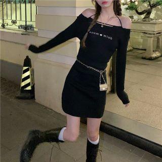 Halter-neck Off-shoulder Lettering Knit Mini Sheath Dress