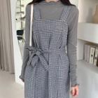 Checked Long Pinafore Dress With Sash Charcoal Gray - One Size