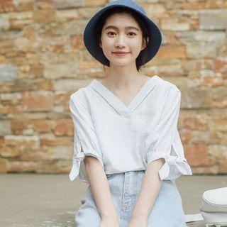 Elbow-sleeve Perforated Trim Striped Ribbon Blouse