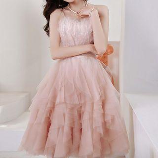 Spaghetti Strap Mesh A-line Dress / Nipple Cover / Set