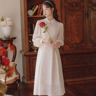Long-sleeve Frill Trim Chiffon Midi A-line Dress