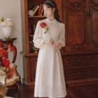 Long-sleeve Frill Trim Chiffon Midi A-line Dress