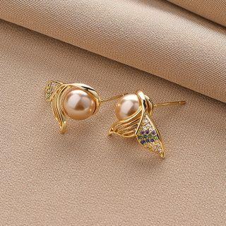 Faux Pearl Mermaid Tail Stud Earring Qr-534 - 1 Pr - Gold - One Size