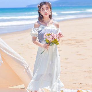 Cold-shoulder Embroidered Midi A-line Dress