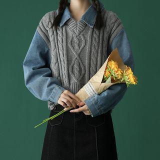 Mock Two-piece Cable Knit Panel Denim Shirt