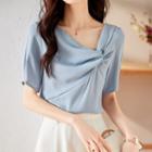 Short-sleeve Skew Neck Twisted Chiffon Blouse