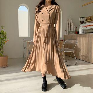 Double-breasted Pleated Maxi Dress With Sash