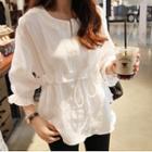 Elbow-sleeve Round Neck Ruffle Trim Lace-up Linen Blouse