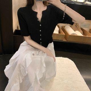 Single-breasted Knit Cardigan / High-waist A-line Skirt