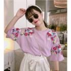 Flower Embroidered Elbow Sleeve T-shirt / Wide Leg Shorts