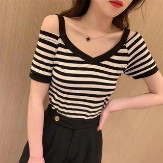Striped Cold-shoulder Short-sleeve Knit Top