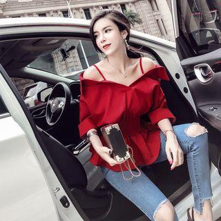 Off-shoulder Ruffle Trim Blouse Red - One Size