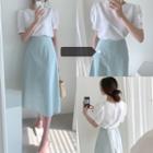 Plain Puff-sleeve Blouse / High-waist Midi Skirt