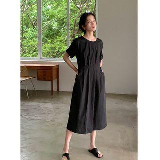 Short-sleeve Tie-back Midi A-line Dress Red - One Size