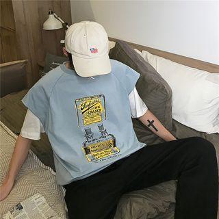 Mock Two-piece Elbow-sleeve Graphic T-shirt