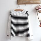 Long-sleeve Lace Trim Striped Knit Top