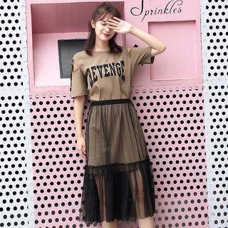 Set: Short-sleeve Letter T-shirt Dress + Sheer A-line Midi Skirt