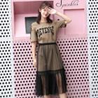 Set: Short-sleeve Letter T-shirt Dress + Sheer A-line Midi Skirt