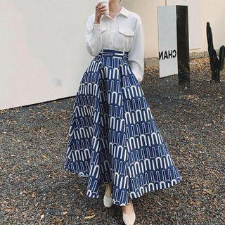 Set: Plain Shirt + Print Maxi A-line Skirt
