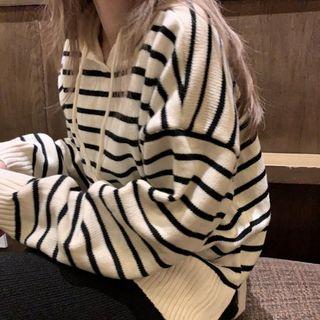 Striped Long-sleeve Loose-fit Hooded Sweater / Plain Knit Skirt