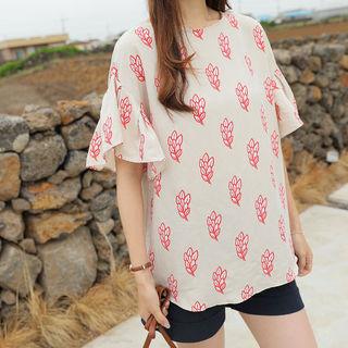 Frilled-sleeve Pattern Linen Blend Top